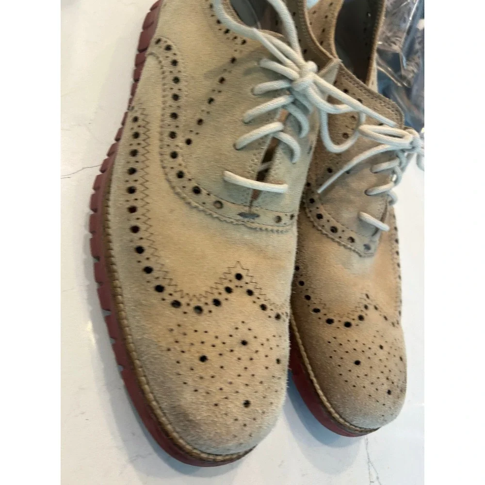 Cole‎ Haan Zerogrand Wingtip Oxfords Tan Suede Brogue Brick Red Sole Mens Shoes